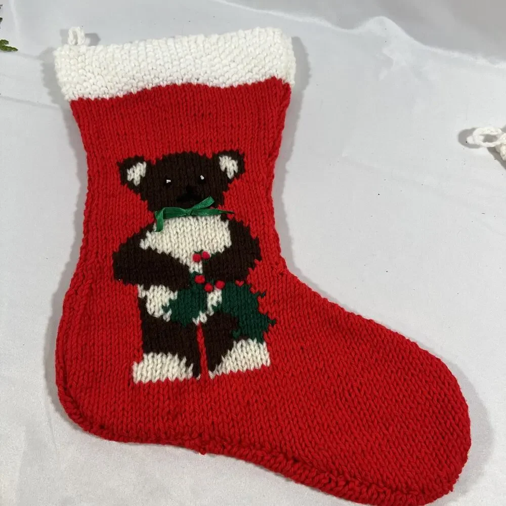 Vintage Lot of 4 Handmade Knit Christmas Stockings Santa Bear Snowman Shepherd